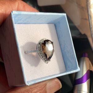 925 Sterling Silver Chocolate Quartz & Diamond Halo Ring size 7.5